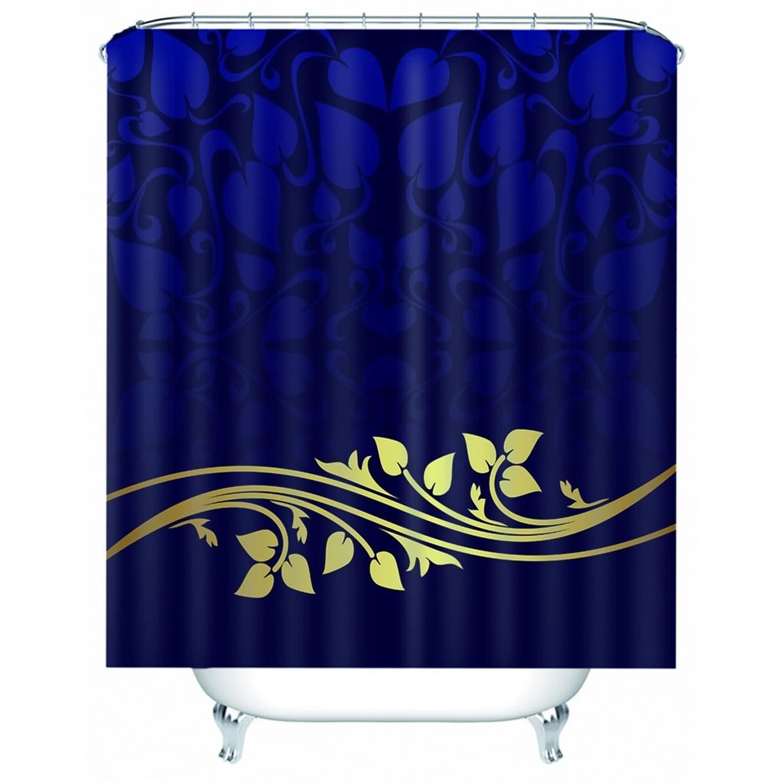 Rideau de douche pour salle de bain - Bleu foncé et jaune - Motif feuillage - Polyester - Anti-moisissure - Séchage rapide - Avec anneaux de rideau de douche