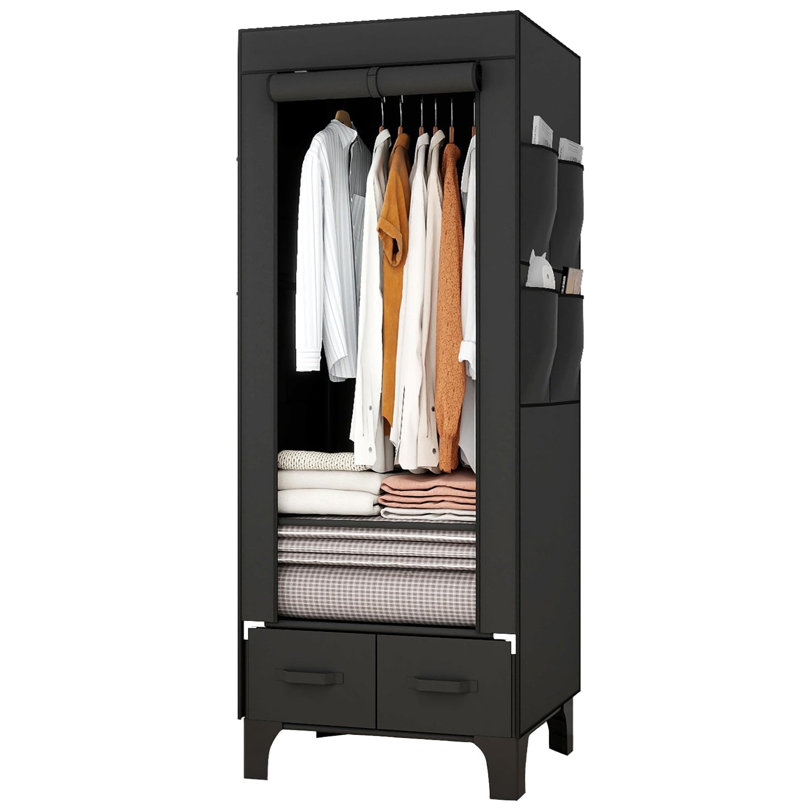 OPPAIYA Stoffschrank Stabil & Schmal 69cm, Faltbarer Kleiderschrank mit 2 Schubladen & 8 Seitentaschen, Kleiderständer Stabil mit Abdeckung, Campingschrank für Schlafzimmer, 69x45x160 cm Schwarz