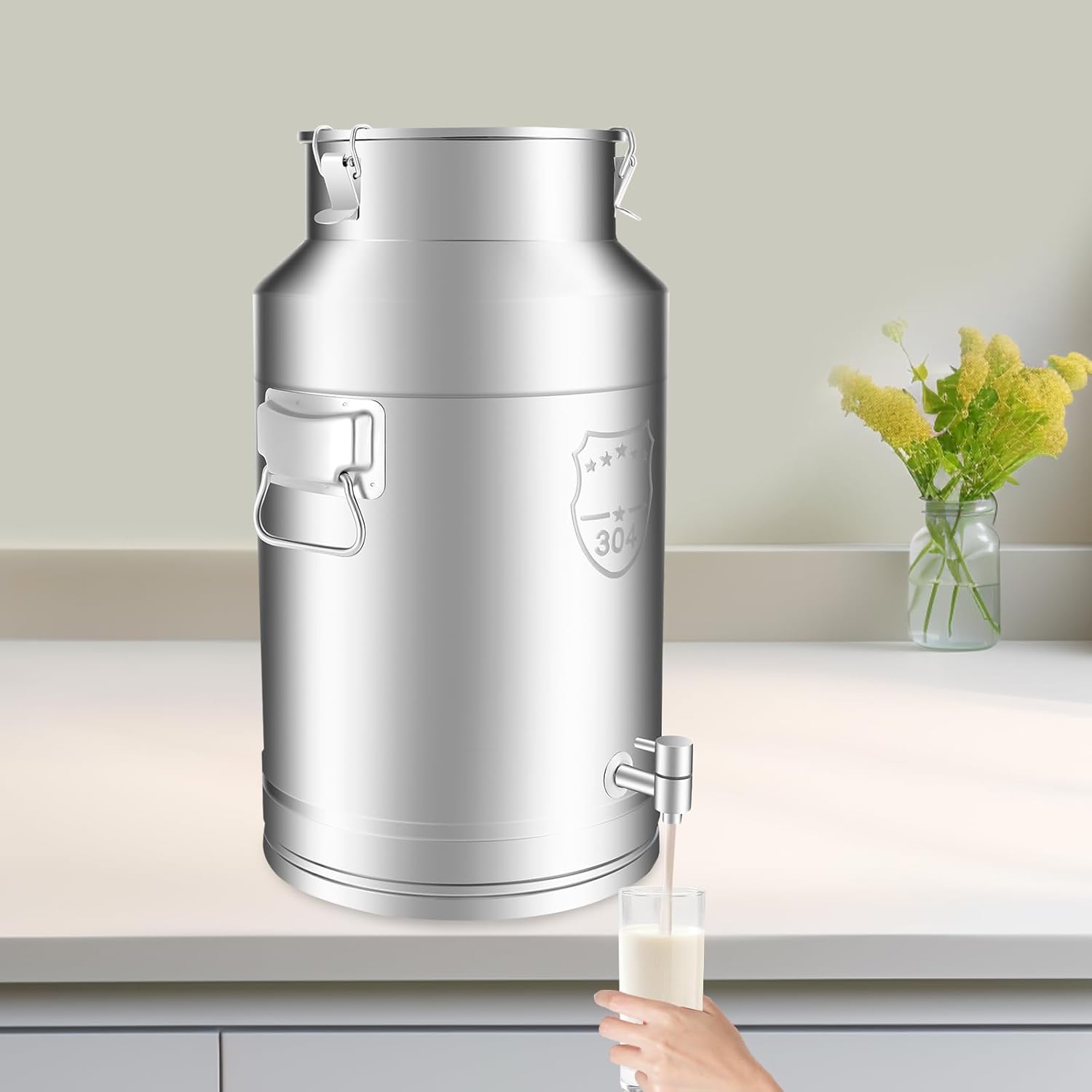 Milk Bucket Milk Bin, 304 Stainless Steel Heavy Duty Storage Container Bucket Tote Jug with Lid, Drink Dispenser Pail Airtight Canister for Milk Wine Oil Grain (9.24Gal with Faucet)