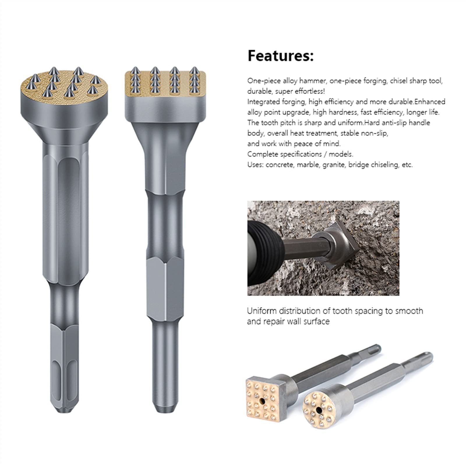 Broca de martillo eléctrico con ranura de punta de aleación, cincel redondo plano, broca for piedra, puente, pared, cemento, pavimento, cincel, 1 Uds.(Square 16 point A)