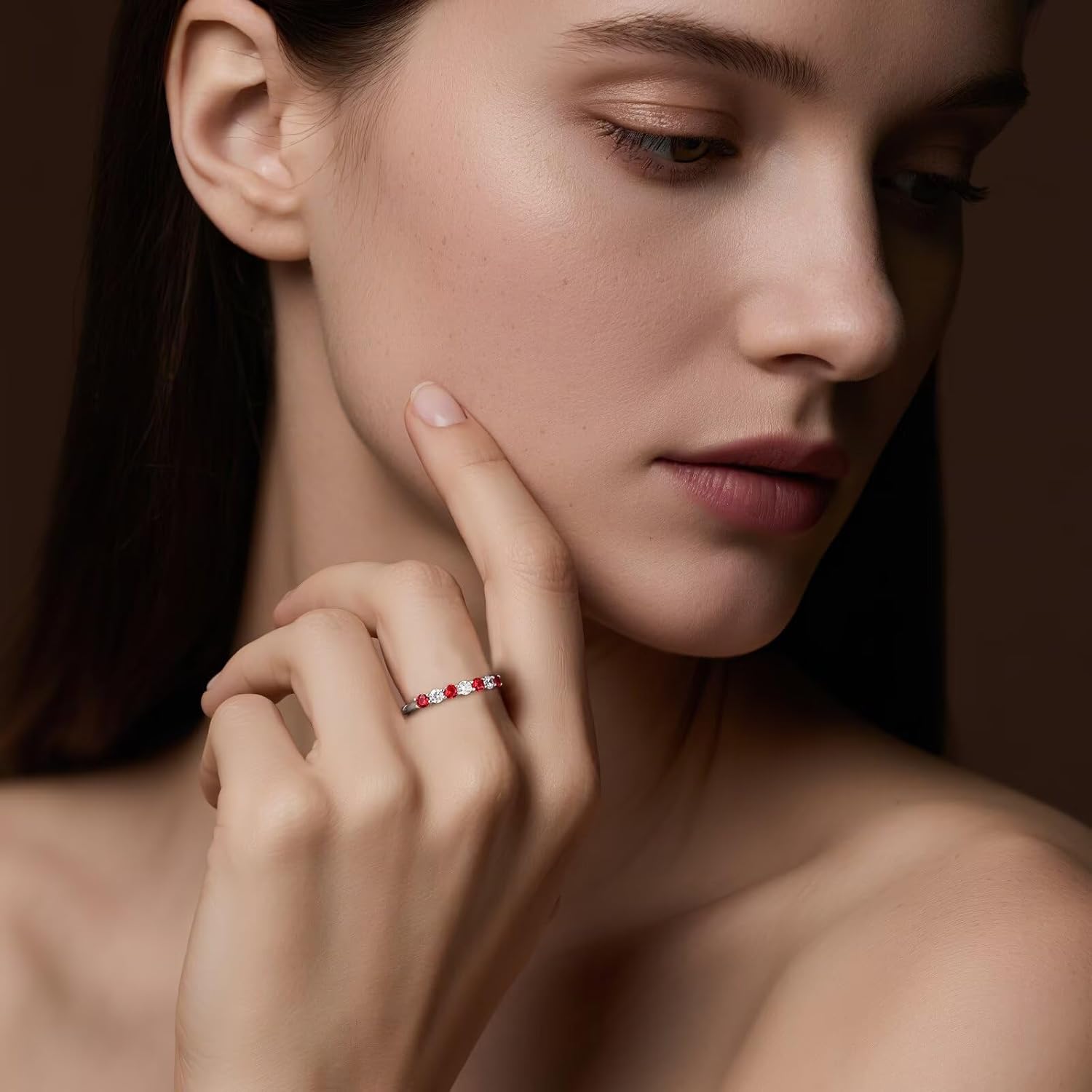 Iefil Birthstone Rings for Women - 925 Sterling Silver Half Eternity Band Rings, Created Gemstone, Birthday Anniversary Wedding Band for Women Wife, 7 Stone, Size 5 to 9