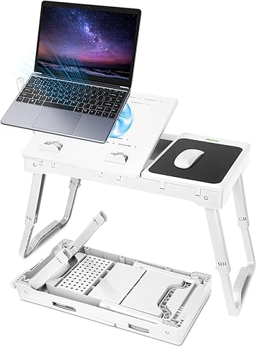 Miniatura 8 de Mesa plegable para laptop, escritorio portátil para cama, soporte para laptop de altura ajustable con ventilador de refrigeración, luz LED, 4