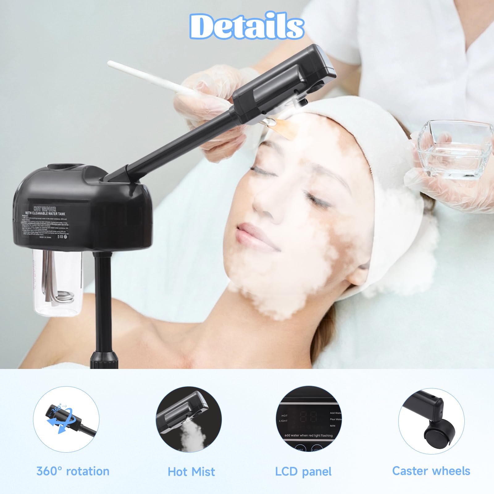 Tragbarer Vapozon, ästhetisch, professionell, höhenverstellbar, Gesichtsdampf, mit LCD-Display und Rollen, geeignet für Schönheitssalons, zu Hause (schwarz)