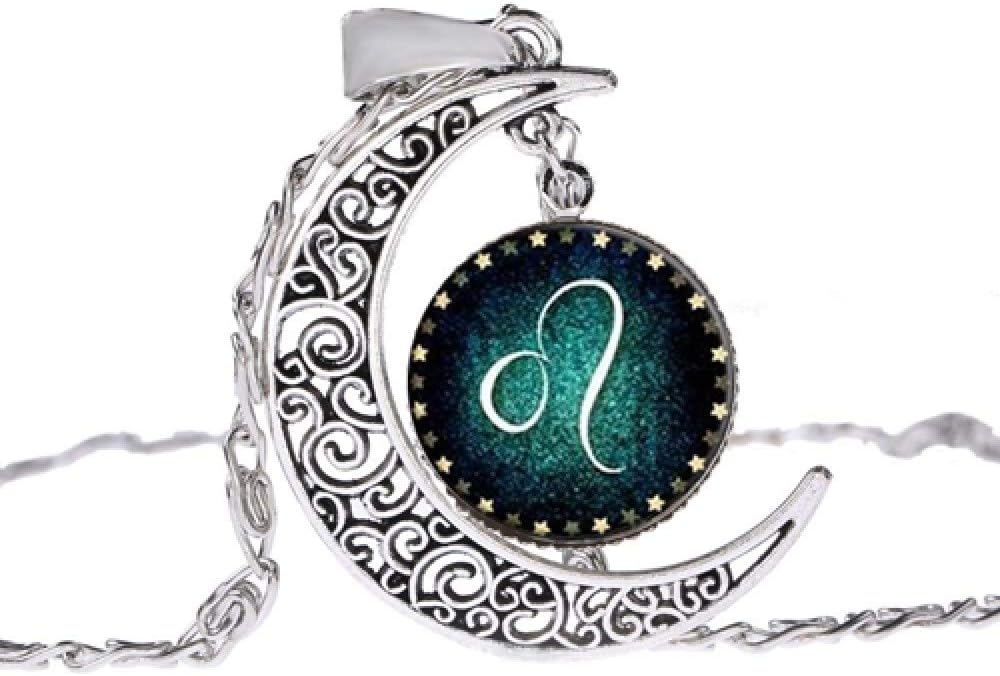 Necklace,Leo 12 Constellation Clavicle Chain Pendant Necklace Stars Zodiac Sign Silver Crescent Moon Jewelry Glass Dome Choker Necklaces