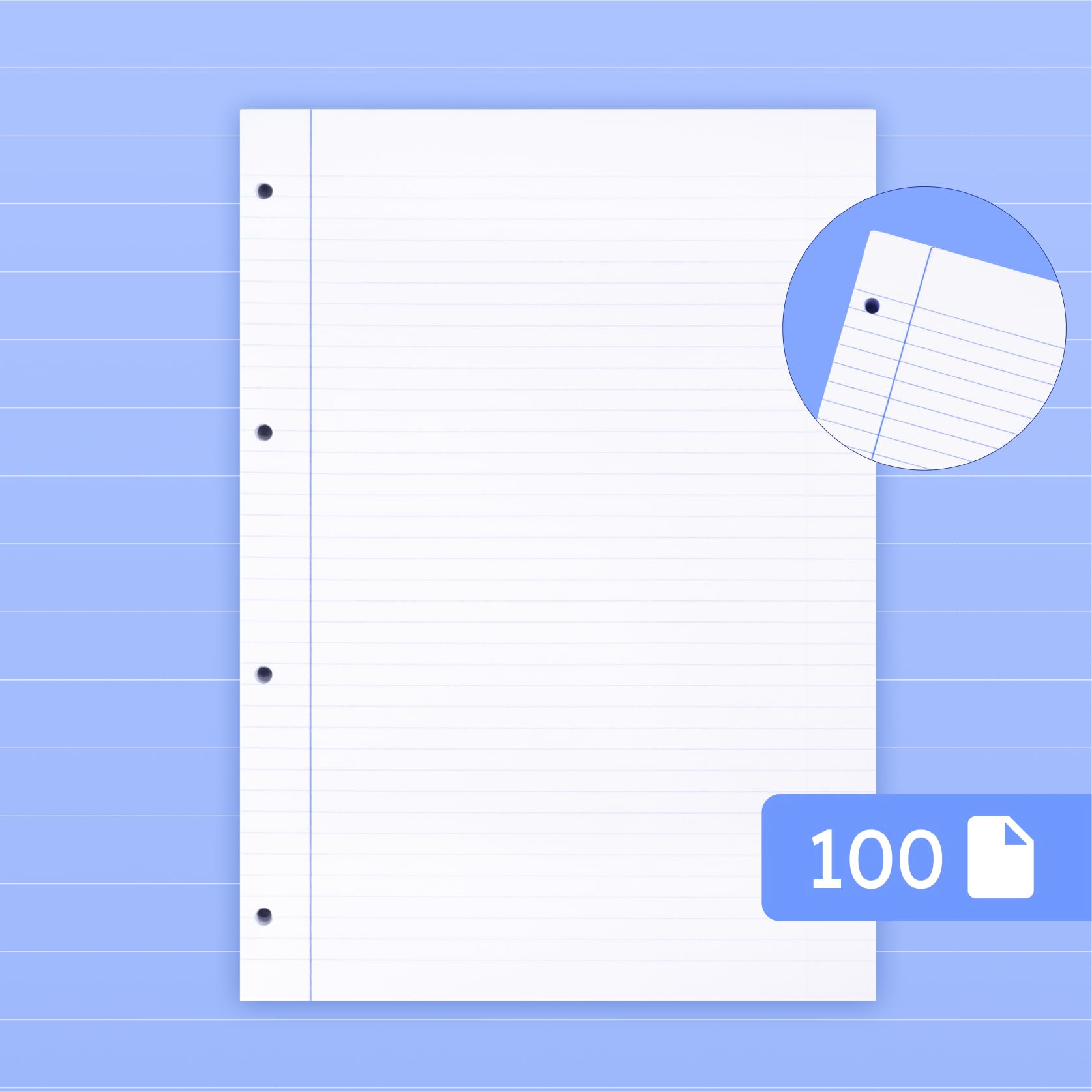 Raylu Paper Fogli A4 a Righe con Buchi Rinforzati, 100 Fogli 90 g, Righe Senza Margine, per Raccoglitore ad Anelli