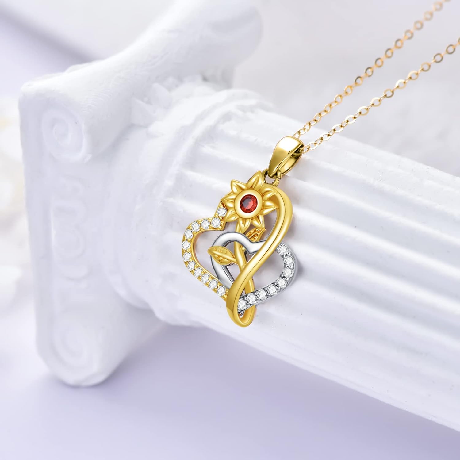 Solid 14K Gold Heart Sunflower Necklace for Women,White/Yellow Gold Moissanite Sunflower Necklaces | You are My Sunshine,Mothers Day Birthday Love Jewelry Gifts for Wife Mom 16"-18"