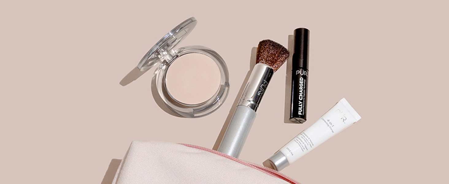 PÜR Minerals Multitasking Essentials Kit - Makeup Gift Set Includes 4-in-1 Correcting Primer, Fully Charged Mascara, 4-in-1 Pressed Mineral Powder & 1 Chisel Brush
