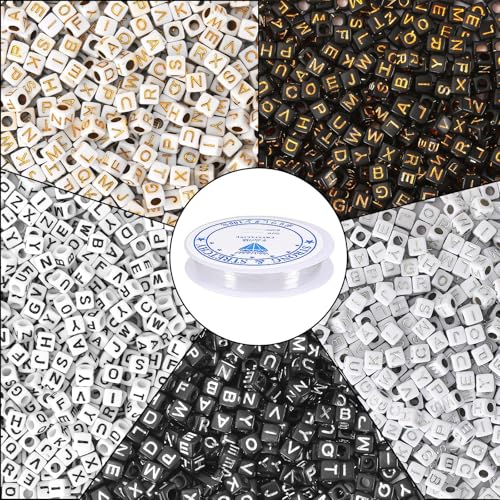 Augshy 1400Pcs 5 Colors Square Alphabet Beads A-Z Cube Acrylic Letters Beads for Bracelets Necklaces Phone Lanyard Making with 1 Roll Crystal String Cord for Jewelry Making(6mm)