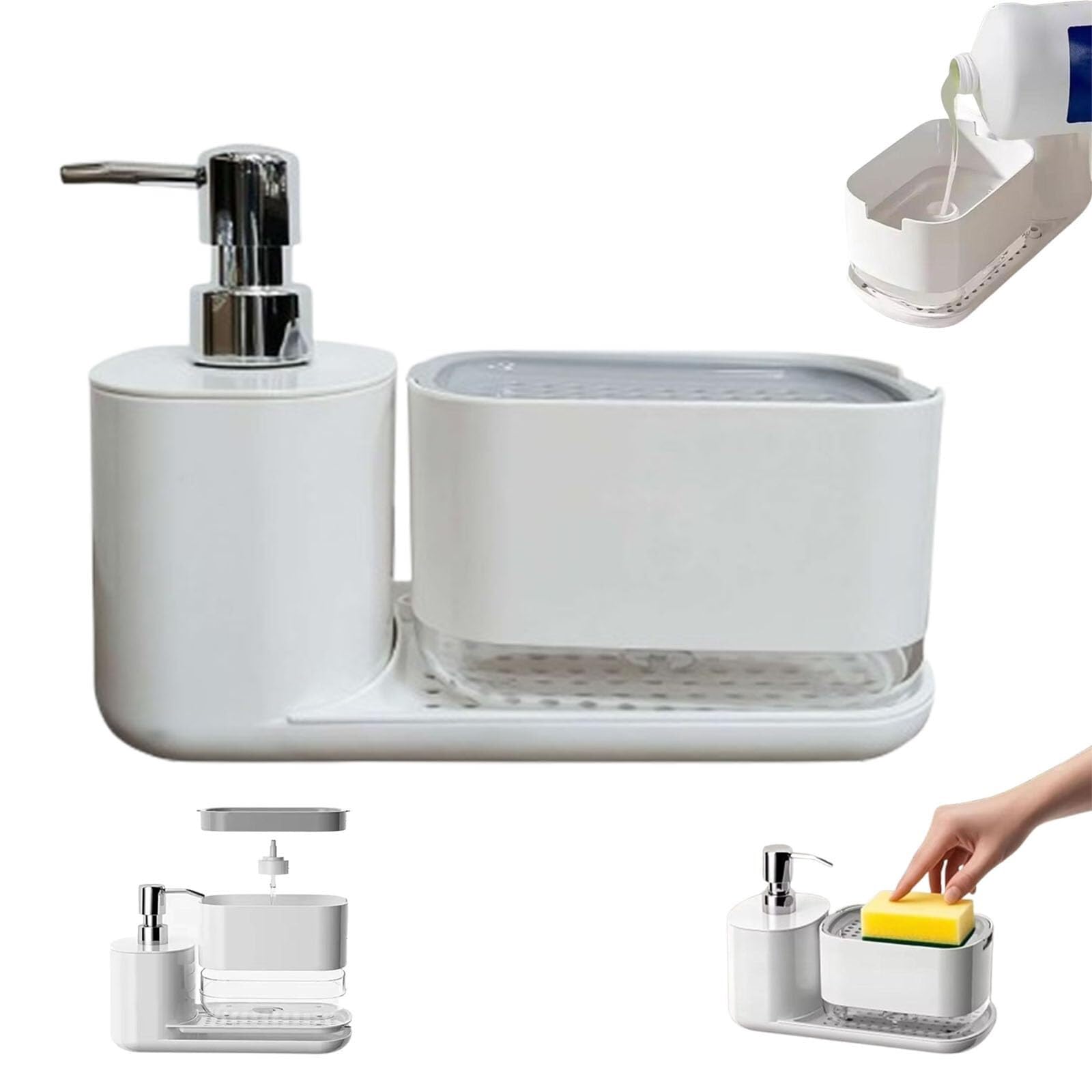 Bathroom Countertop Soap Kitchen Set with Tray and Sponge Holder 2025 New Dish and Hand with Dishcloth Decor and Accessories(White1)