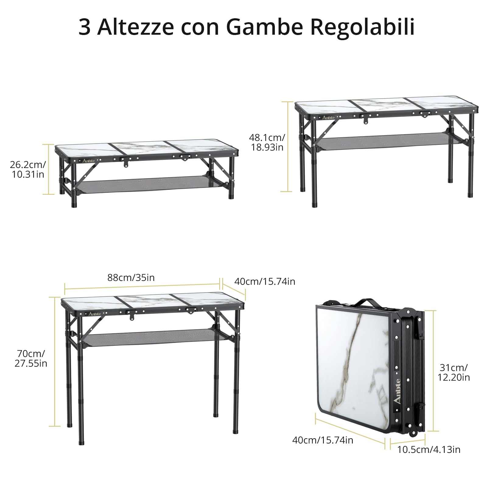 Anbte Tavolo Pieghevole da Giardino Caffè Regolabile 88 * 40 * 70CM Richiudibilecon Tavolino da Campeggio con 3 Altezze Portatile in Alluminio per Picnic/Lavoro/Interno/Truccarsi-Rete di Stoccaggio