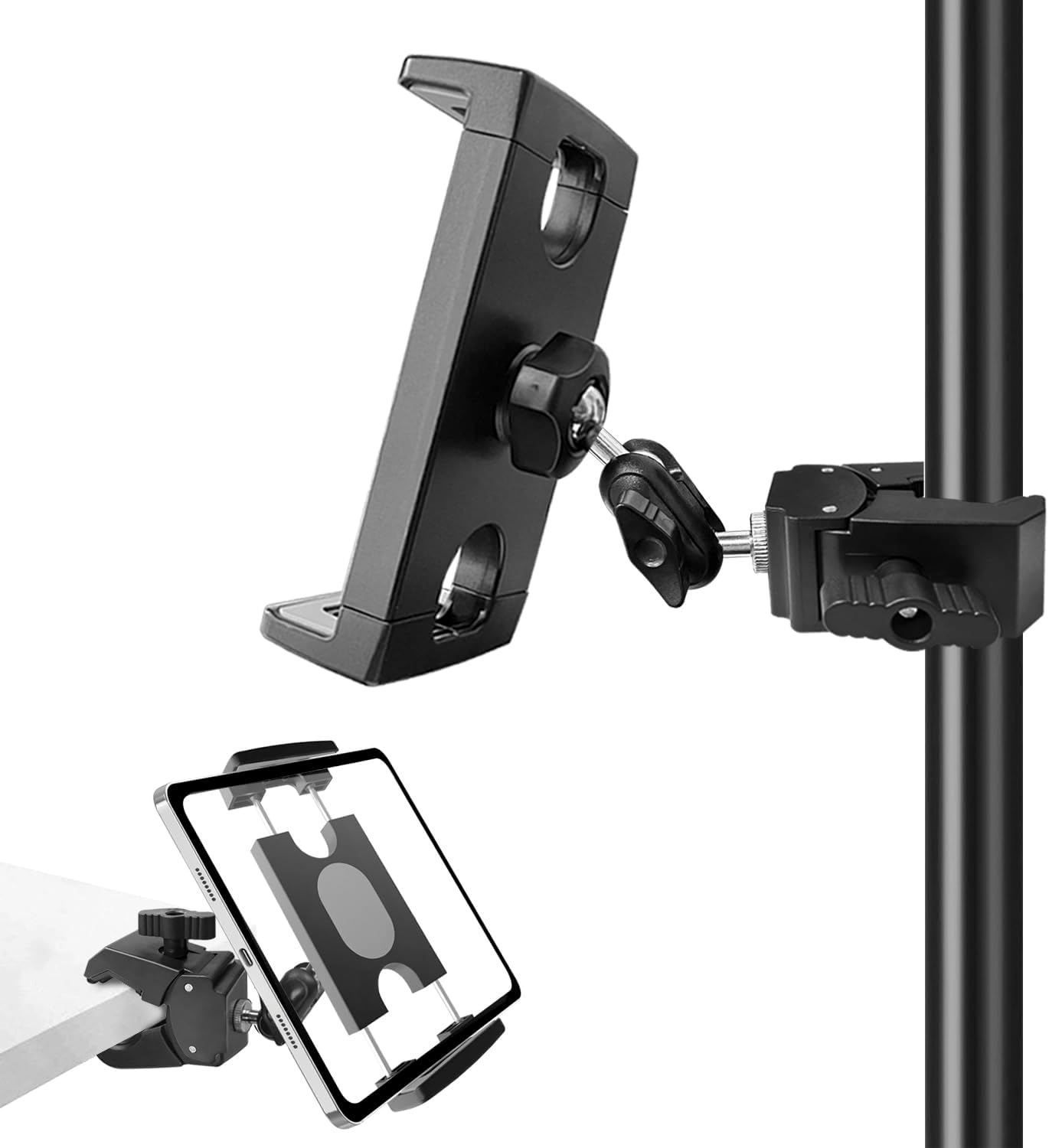 Tablet Holder for Mic Stand/Stroller/Treadmill/Wheelchair/Spin Bike/Peloton/Indoor Cycle, 360° Swivel iPad Mic Stand Mount Adjustable iPad Clamp Mount for All 4.7 to 12.9 inch Tablets Smartphones