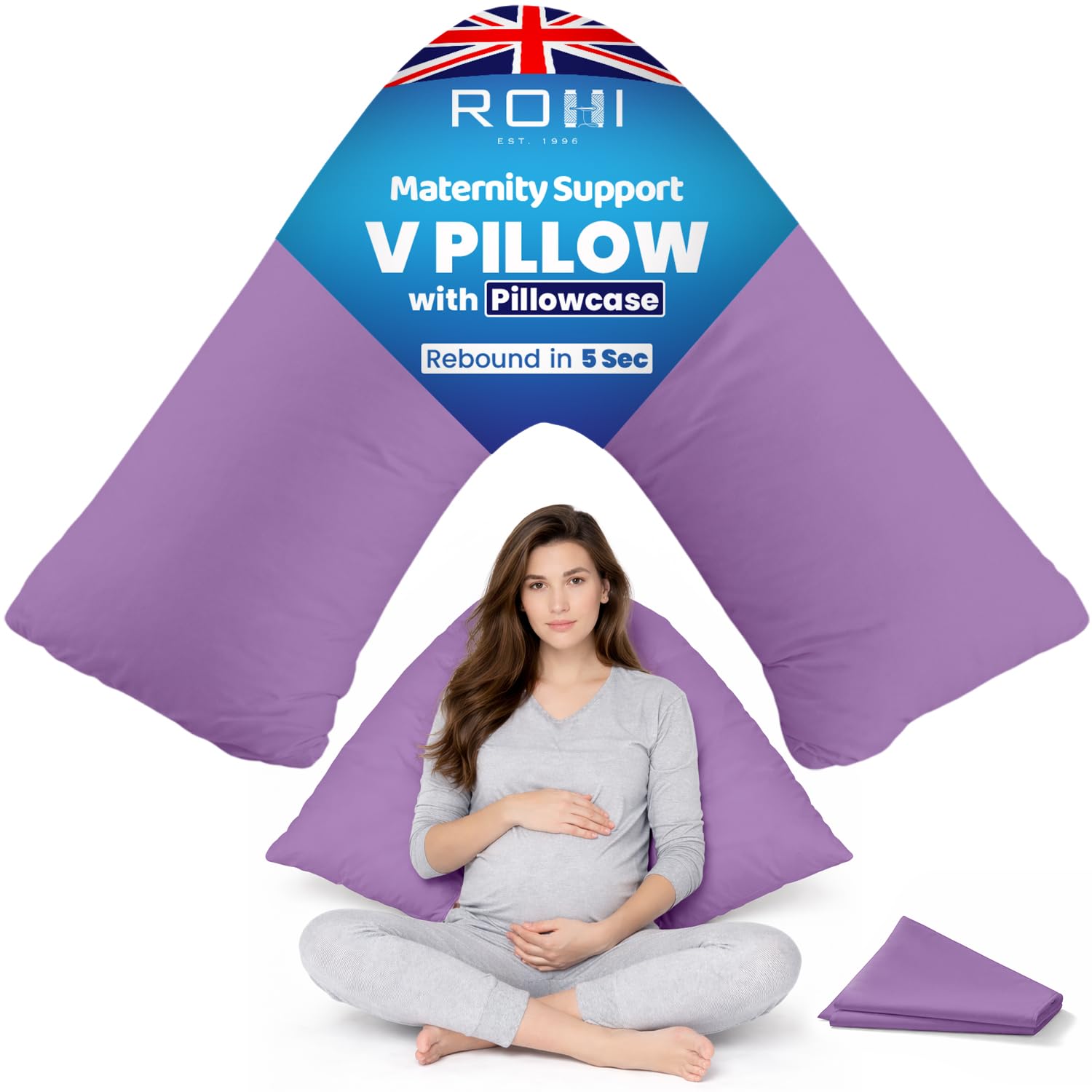 Rohi Lilac Orthopaedic V Pillow With Pillowcase – Anti Allergy Triangle Pillows For Adults, Nursing, Maternity & Pregnancy – Extra Hollowfibre Cushioning To Supports Neck, Head & Back (Lilac)