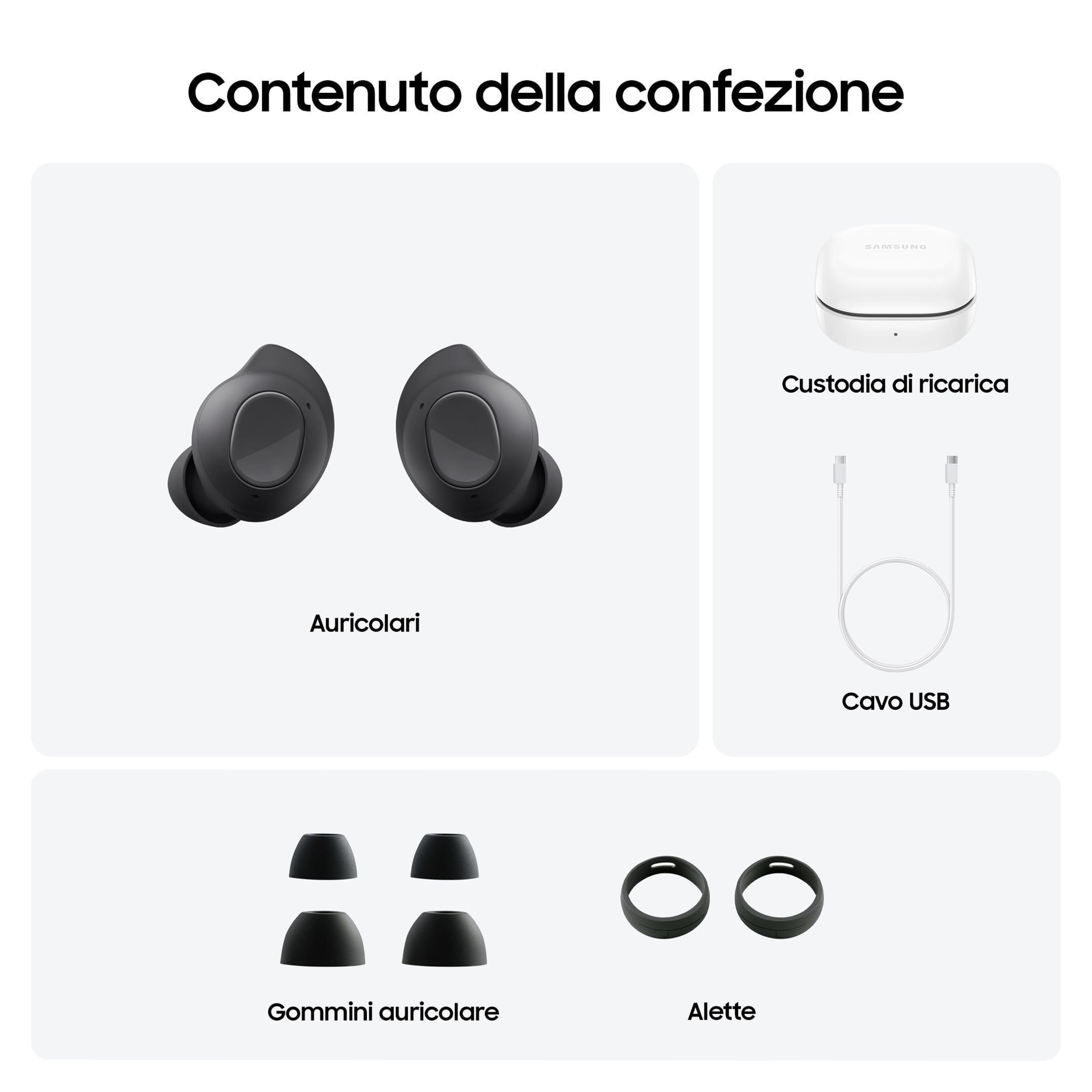 Samsung Galaxy Buds FE Cuffie Bluetooth True Wireless, Cancellazione attiva dei rumori (ANC), Fit Ergonomico, 3 Microfoni, Controlli touch, Bassi profondi, Graphite 2023 [Versione Italiana]