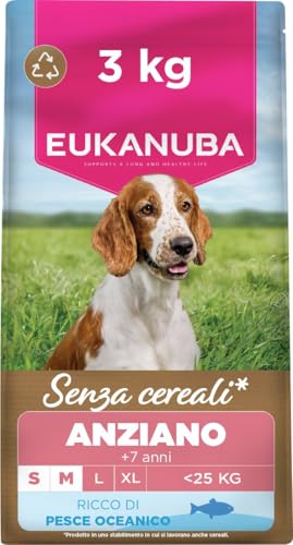 EUKANUBA Cibo secco per cani Senior senza cereali con pesce per razze di taglia piccola e media - Alimento secco premium privo di cereali per cani anziani, 3 kg