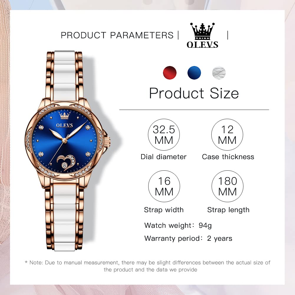OLEVS Relojes automáticos para mujer, esfera de diamante, impermeable, correa de cerámica de oro rosa, reloj mecánico luminoso, regalos de lujo para damas, Esfera azul, Mecánico