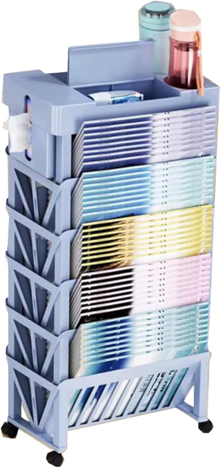 Book cartMobile Bookshelf on Wheels Rolling File cart 5 Tier Utility Storage cart for Office, Classroom, Nursery,Library, Living Room,Blue