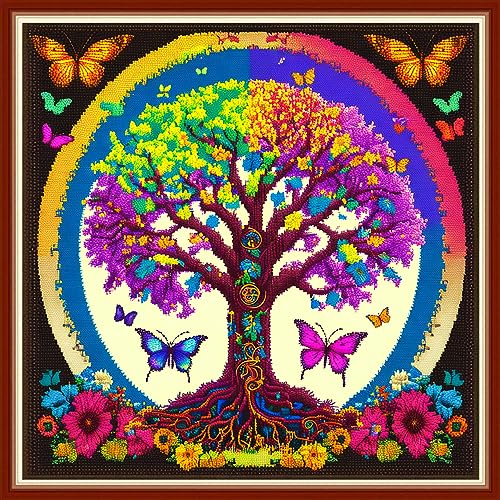 Image of Dimensean Stamped Cross Stitch Kits Full Range of Embroidery Patterns Starter Kits for Beginners Adult DIY Cross Stitches Needlepoint Kits 11CT-Butterfly Life Tree 17.7x17.7 inch