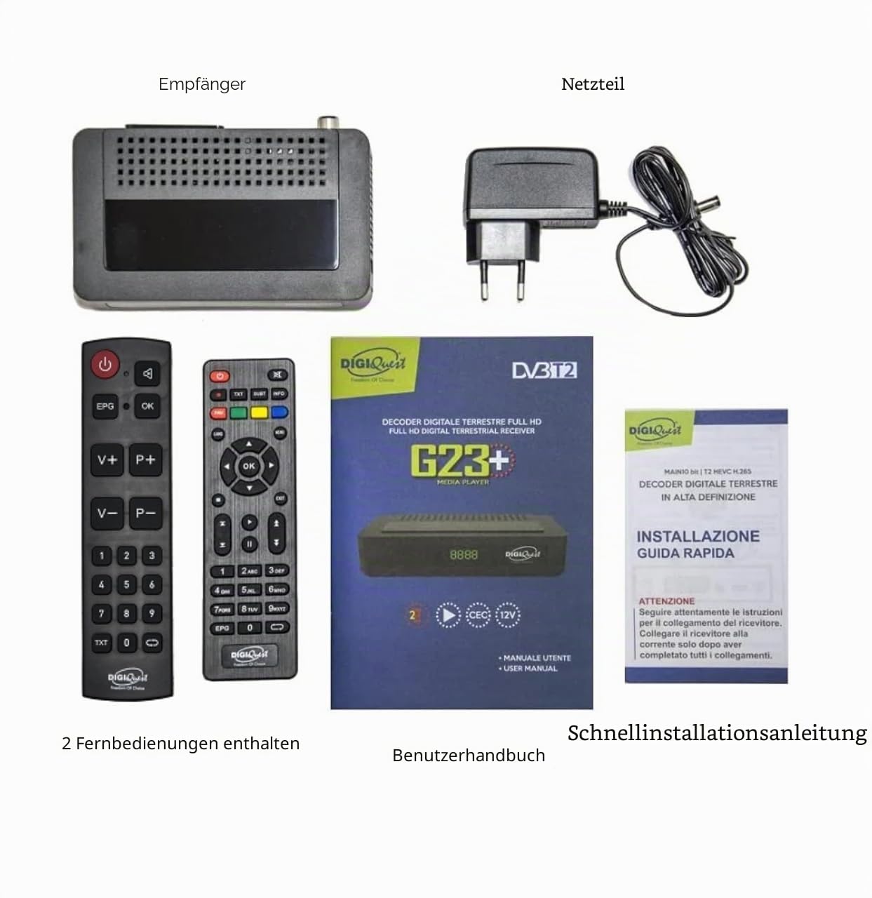 Digiquest G23 HEVC H.265 10bit Full HD FTA Receiver DVB-T2 DVB-T2 USB HDMI SCART Ethernet LAN RJ-45 Zusatzfernbedienung Senioren Schwarz Kunststoff