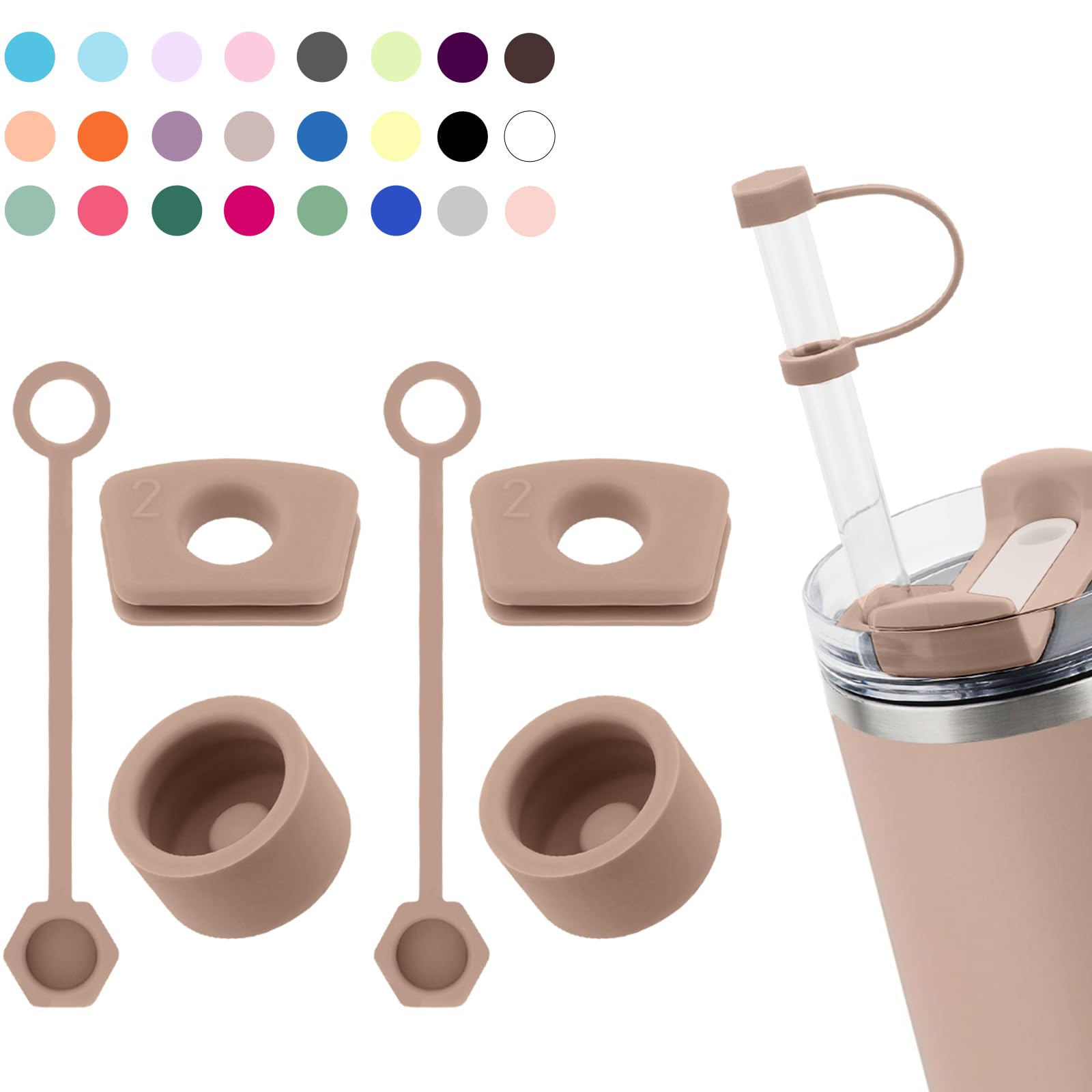 Silicone Spill Stopper Set Compatible with Stanley Cup 2.0 30oz & 40oz with Straw Cover (Set of 2, Almond Rose)