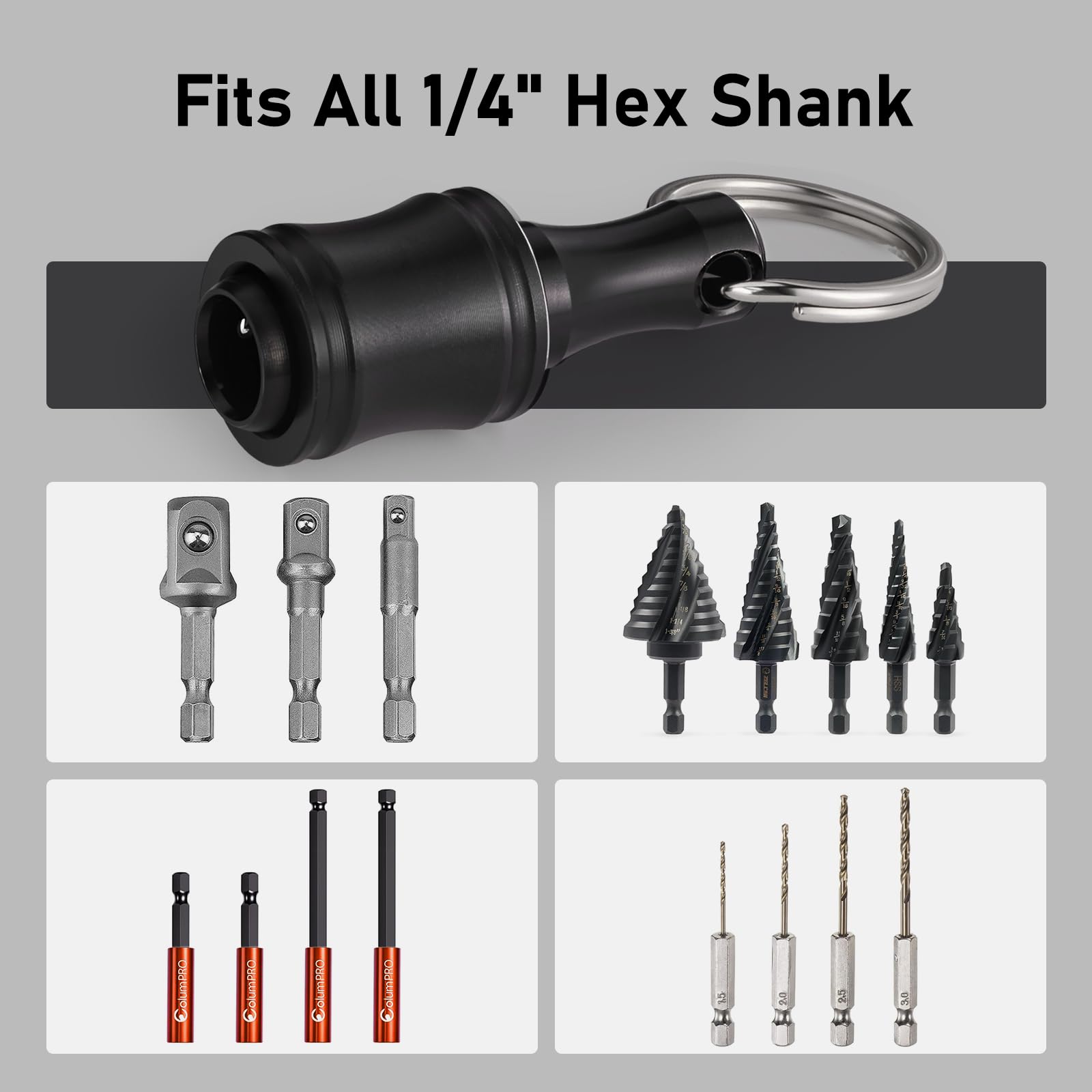 1 support d'embouts de tournevis à tige hexagonale de 10,2 cm en alliage d'aluminium avec barre d'extension, adaptateur de vis, porte-clés portable avec mousqueton pour conducteurs électriques à main