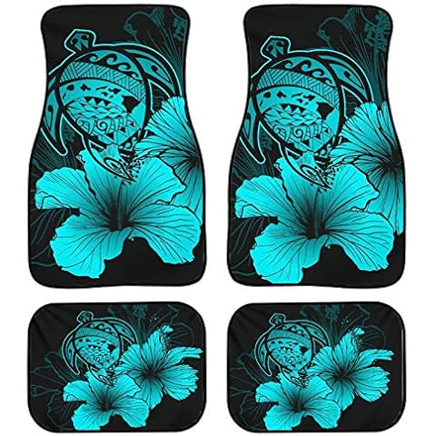 JOAIFO Ethnic Tattoo Sea Turtle Hibiscus Print Car Floor Mats Set of 4 Universal Non Slip Front/Rear Auto Floor Rug Damage Against Cover