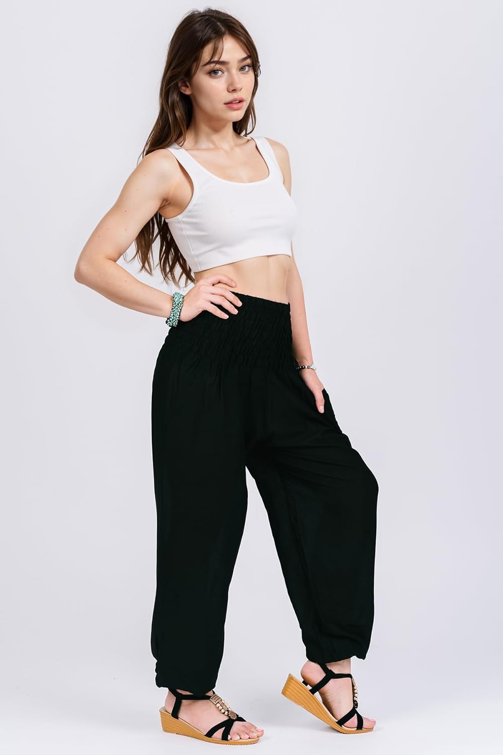 Boho Aladdin Harem Pants for Women – Lightweight Cotton Rayon Smocked Waist Genie Yoga Trousers for Lounge Travel Festival