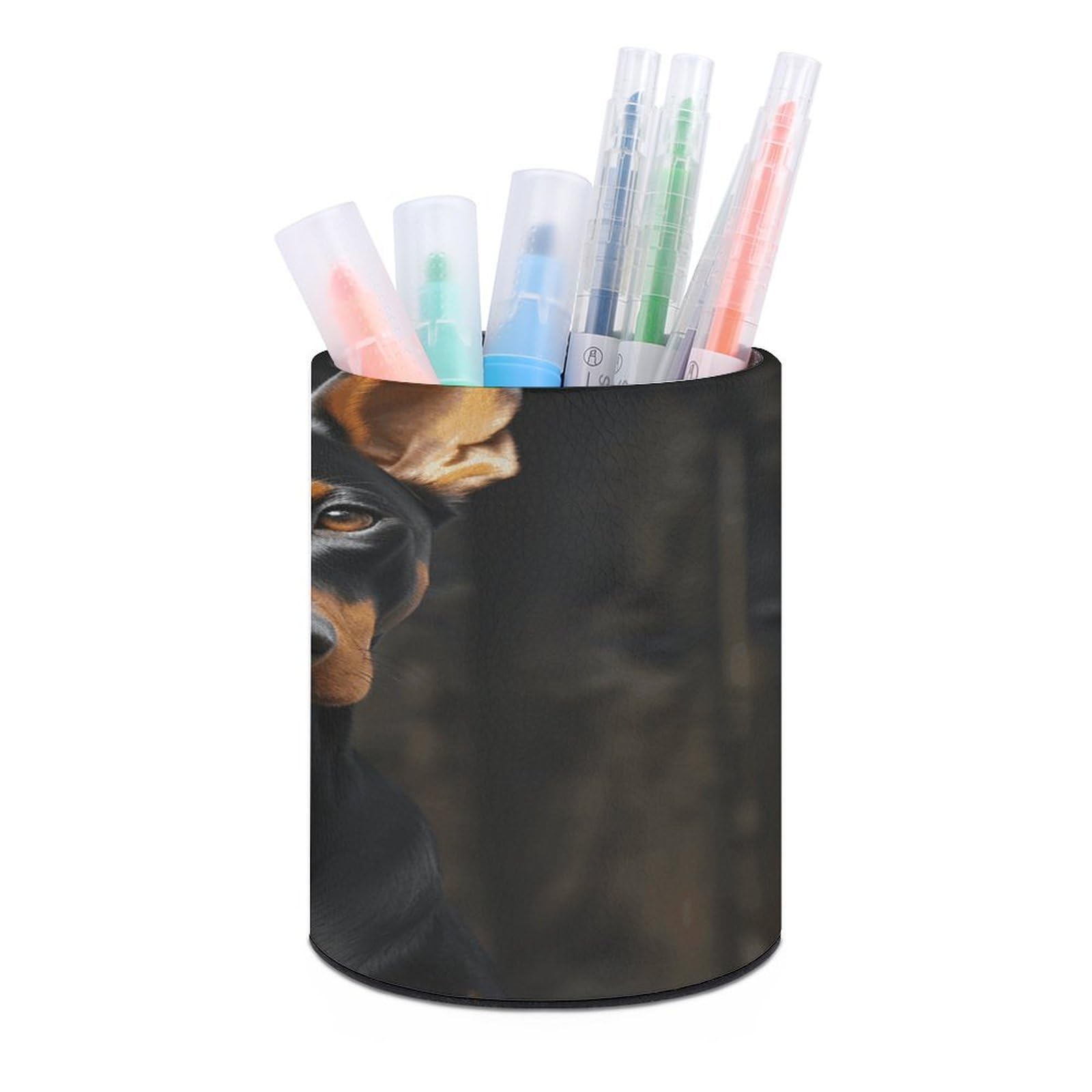 VstaDank Doberman Pen Holder PU Leather Pencil Cup Minimalist Desk Pencil Holder Round Make Up Brush Organizers For Office Dorm Room&Vanity Desk Accessories