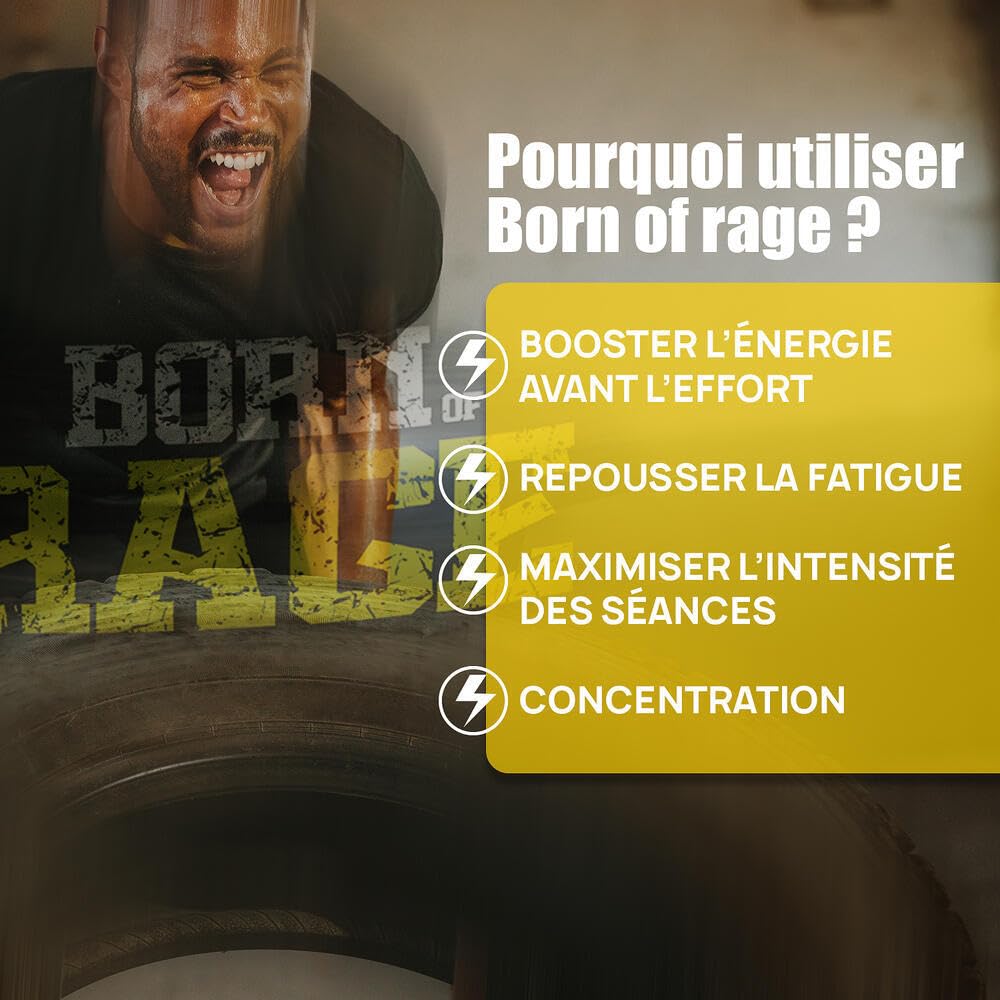 PRE- WORKOUT Born Of Rage - Polvere esplosiva vegana - Miglioramento muscolatura - Energia e resistenza - Anti fatica per allenamenti intensivi - Lotto di 2 x250 g - Laboratorio francese Eric Favre