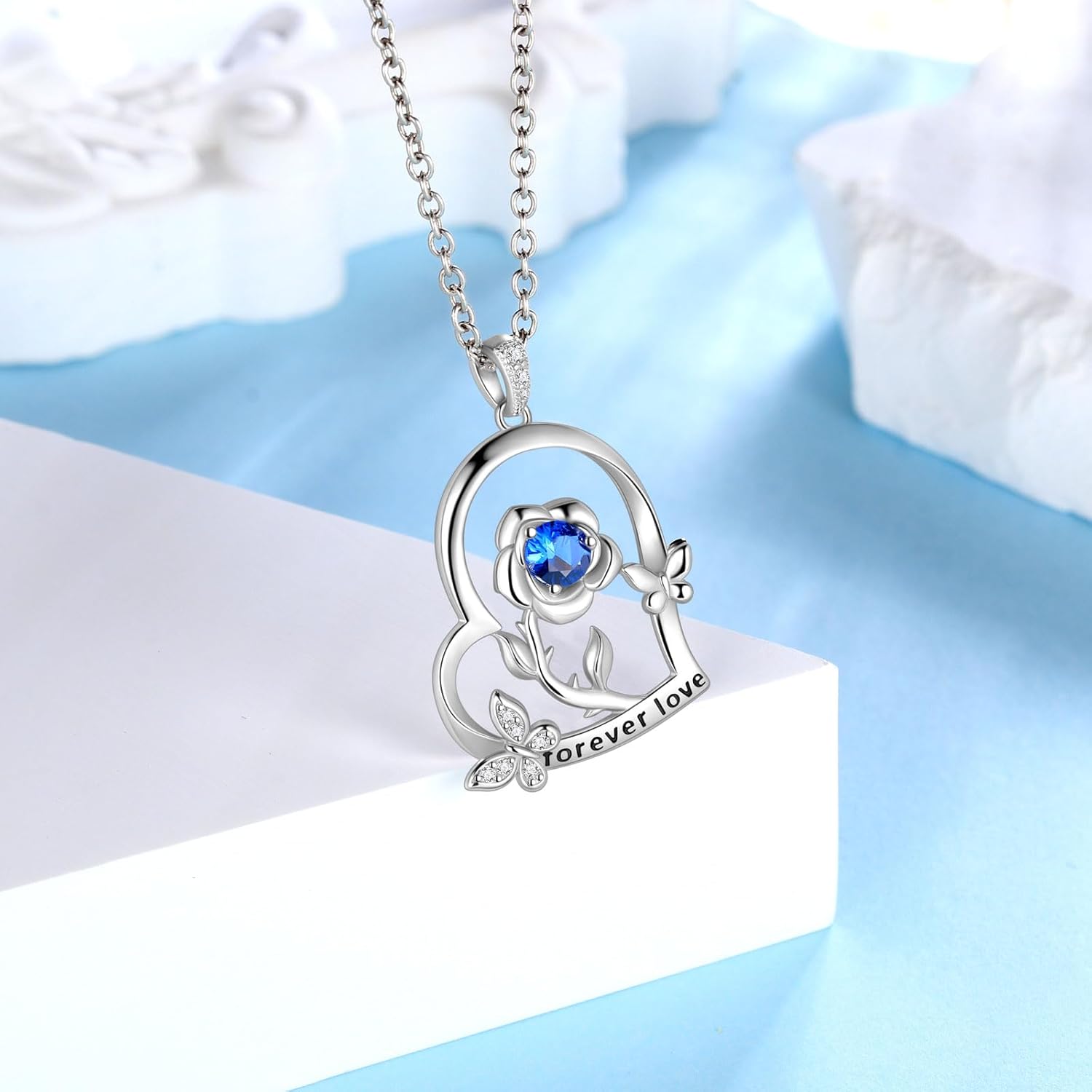 925 Sterling Silver Heart Rose Flower Birthstone Necklace for Women Butterfly Pendant Necklace Elegant Rose Promise Necklace Birth Stone Necklace Rose Flower Jewelry Christmas Gifts for Women Mom Her - Image 3