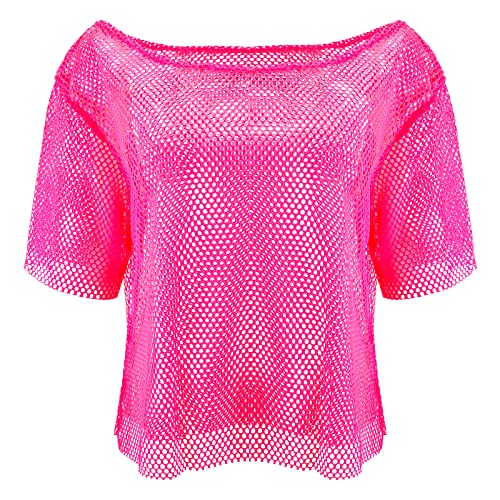 Jadive 80s Neon Fishnet Top Mesh Top Neon Clothes Off Shoulder Fancy Dress Disco Retro Outfit Costume(Pink Adult-l)