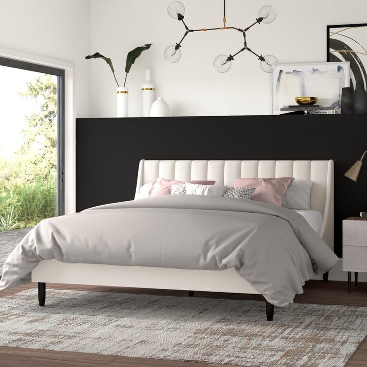 Image of HITHOS Solid Wood Modern Upholstered Queen Size Bed with Wingback Headboard | Wooden Double Bed Cot Palang Without Storage (French Beige)