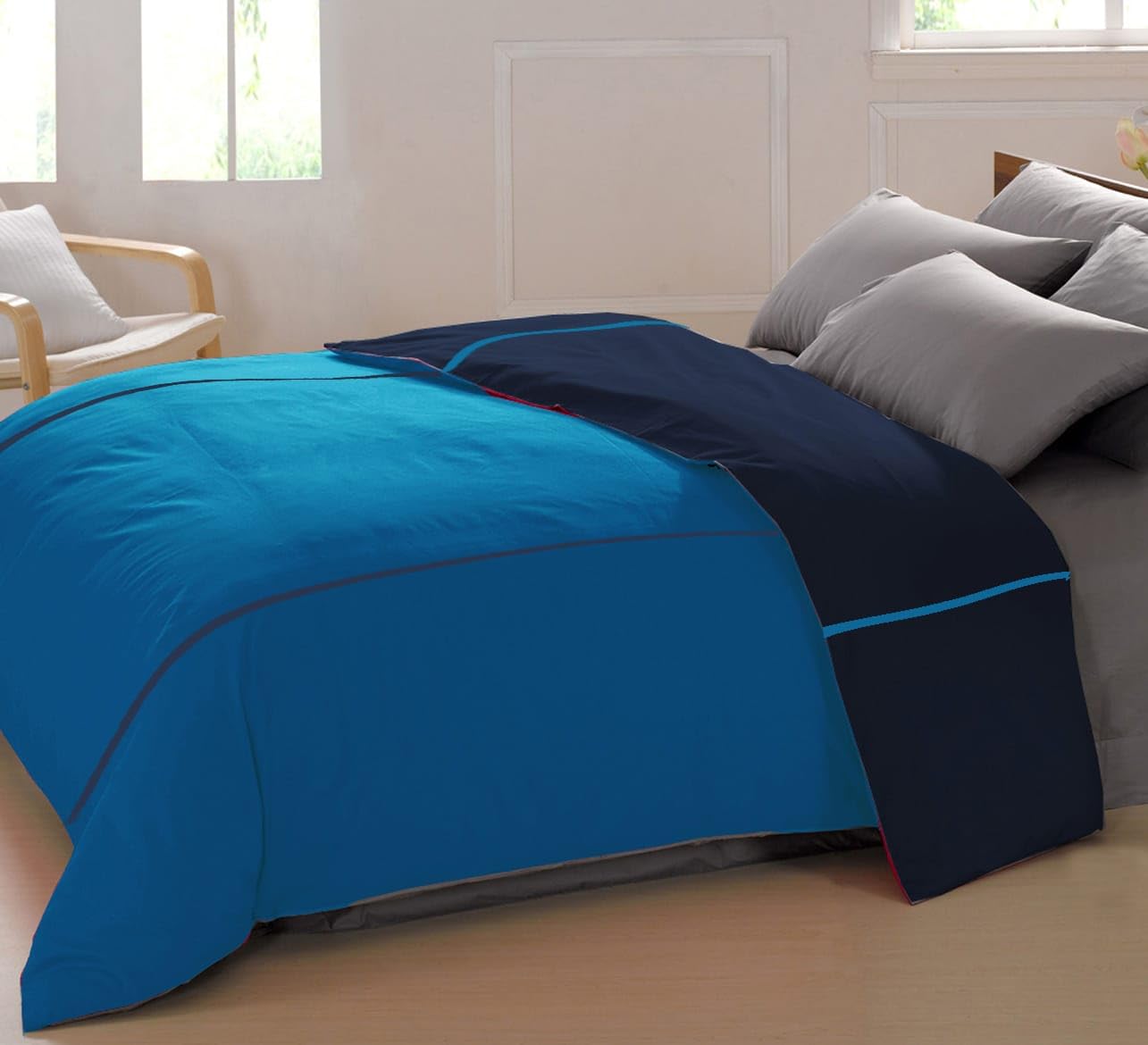 AURAVE Plain 210 TC Mercerised Cotton Duvet Cover - Turquoise Blue & Navy Blue-image-15