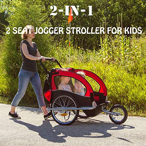 2-in-1 Double 2 Seat Bicycle Bike Trailer Jogger Stroller with Handle Bar and Wheels Bike Hitch Safety Flag, 20 Inch Wheel Size, Foldable Bike Wagon Trailer