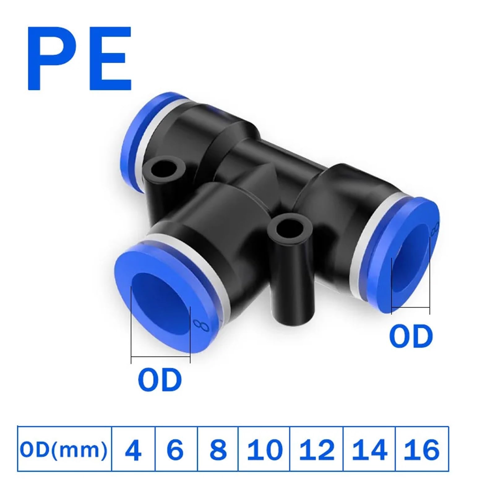 TaoHHU Conectores de aire de PE, conexión neumática rápida de 4 mm, 6 mm, 8 mm, 10 mm y 12 mm, conector de tubo de manguera de agua de plástico de 3 vías, 20/100 unidades(PE-16,100 PCS)