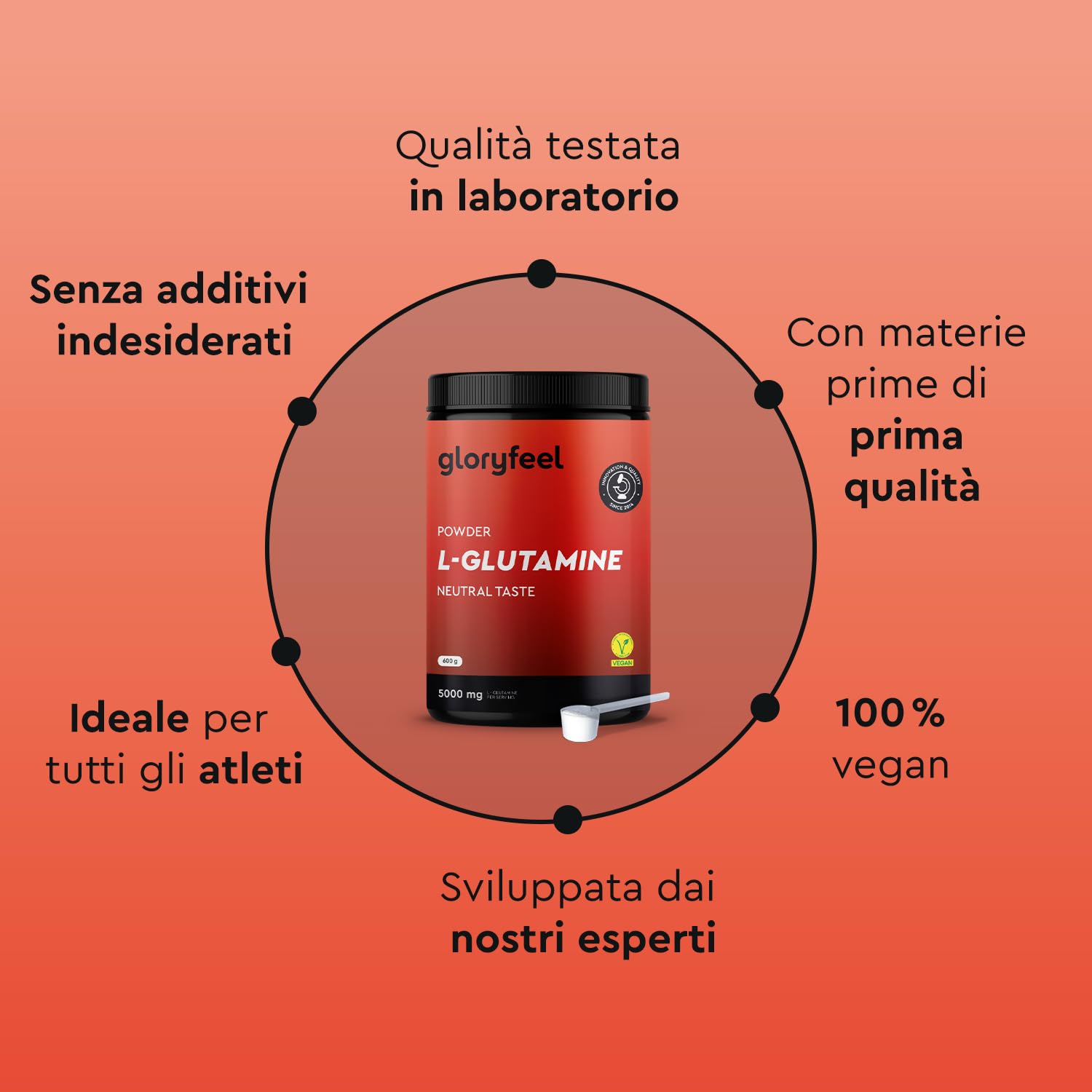 L-Glutammina in Polvere 600g, 5000 mg ad Alto Dosaggio, Scorta di 4 Mesi, Aminoacido Glutammina ad Alto Assorbimento, Gusto Neutro, 100% Vegan, Senza Additivi