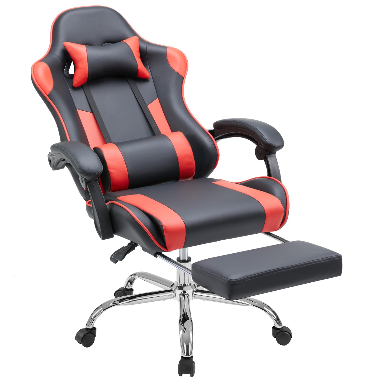 DUMOS Gaming Office Desk Chair with Footrest and Headrest for Adults, PU Leather Ergonomic Video Computer Chair with Linkage Armrests, Height Adjustable 360° Swivel Recling, New Red