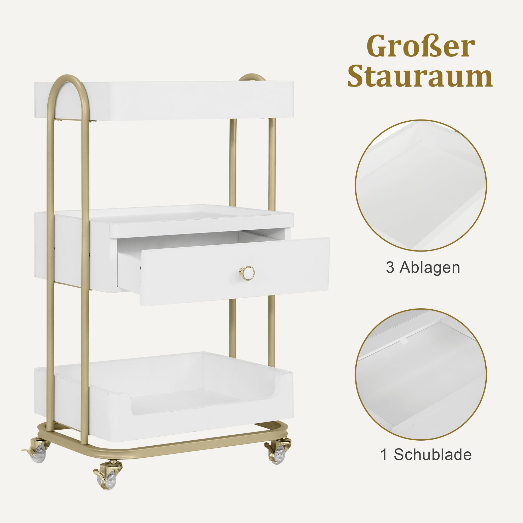 Barberpub Servierwagen mit Rollen & Schublade, Rollwagen Friseurwagen Weiß-Gold, Salon Trolley 3 Ablagen, 37x51x87cm