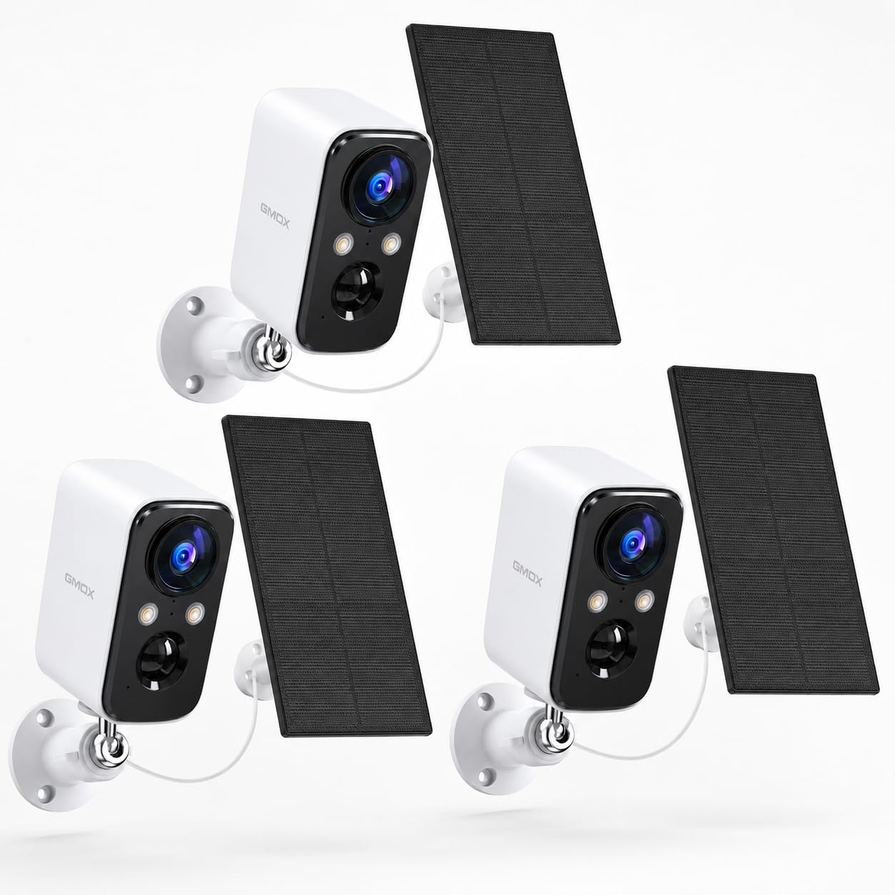 Pack de 3 Cámaras de Seguridad Solar 2K WiFi para Exterior, Visión Nocturna a Color, Detección PIR, Audio Bidireccional, Foco Integrado, IP66 Impermeable, para Hogar, Patio, Entrada y Garaje