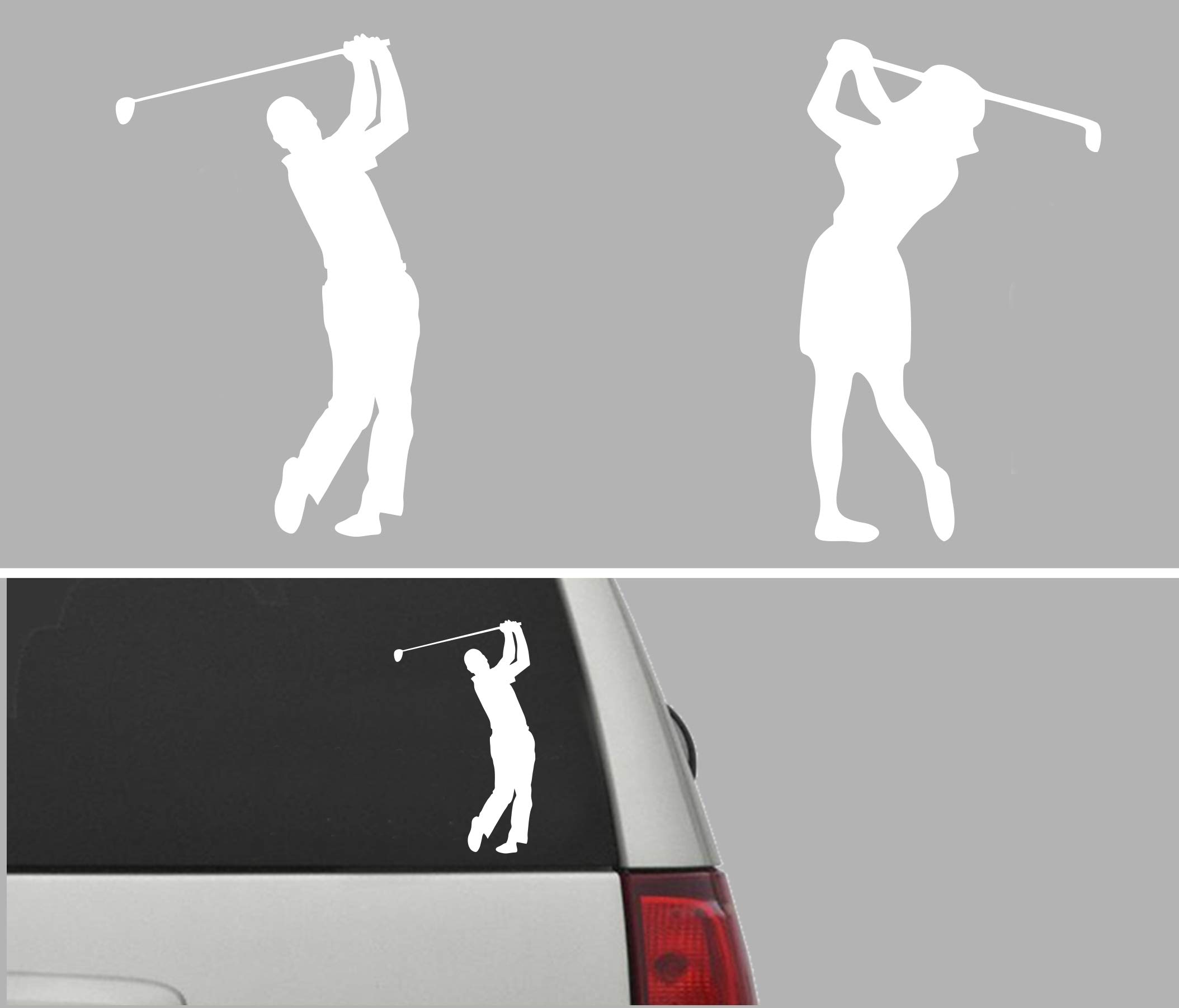 (2 Pcs) 3.6 x 6 White - Golf Player - UV Resistant, Waterproof, Peel & Stick Vinyl Car Decal Bumper Sticker - for Cars, Trucks, Boats, Motorcycle, Laptop, Cup, Wall etc.