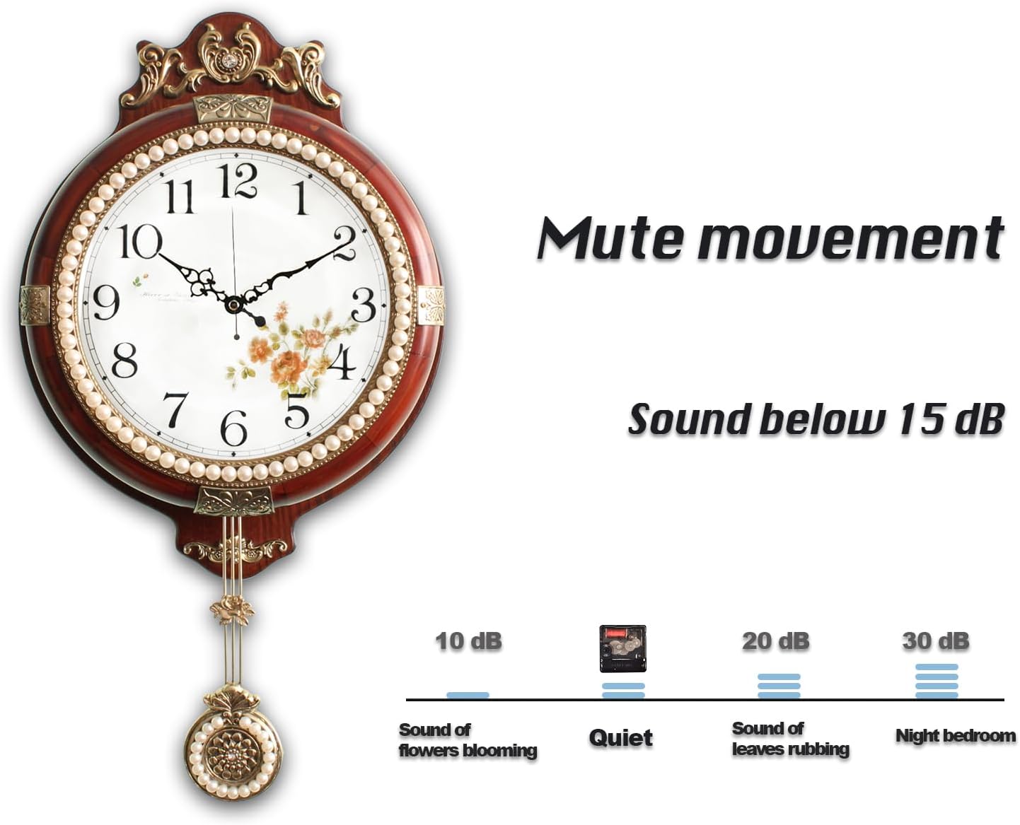 Aero Snail Pendulum Wall Clock, Retro Style Silent Clock with Pearls Decoration, Vintage Decor European Victoria Wood Clock for Indoor Bedroom Living Room, W224A