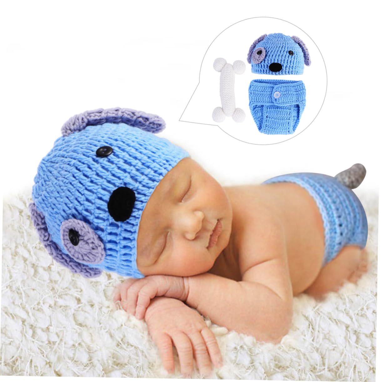 Hemobllo Ropa De Tejida Mano Con Diseño De Perrito Para Fotografía De Recién Nacido Incluye Sombrero Pantalones Cortos Y Azul