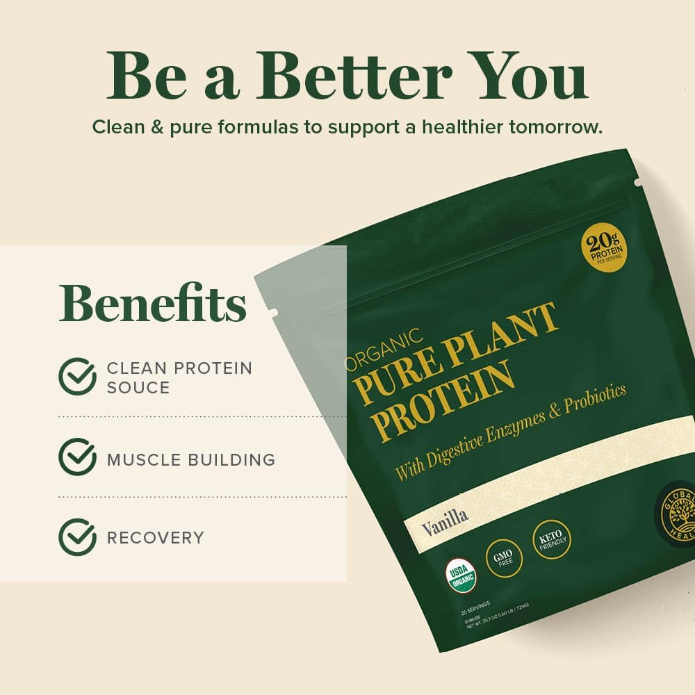 Global Healing Organic Plant Vanilla Protein Powder for Men and Women 20g - Dairy Free Protein Powder with Digestive Enzymes & Probiotics to Support Gut Health (1.6 Lbs)