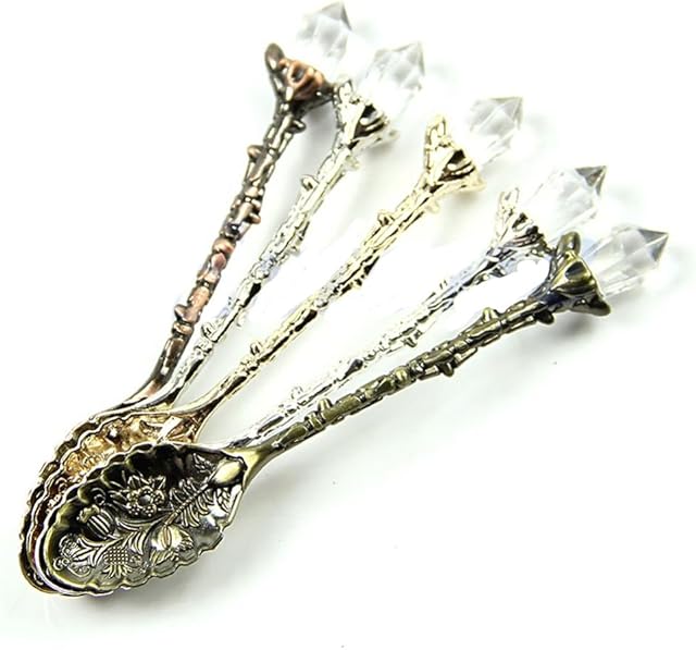 Yalulu 5 Pcs/Set Alloy Vintage Royal Style Crystal Flower Design Small Coffee Tea Spoon Kitchen Dining Bar Tools