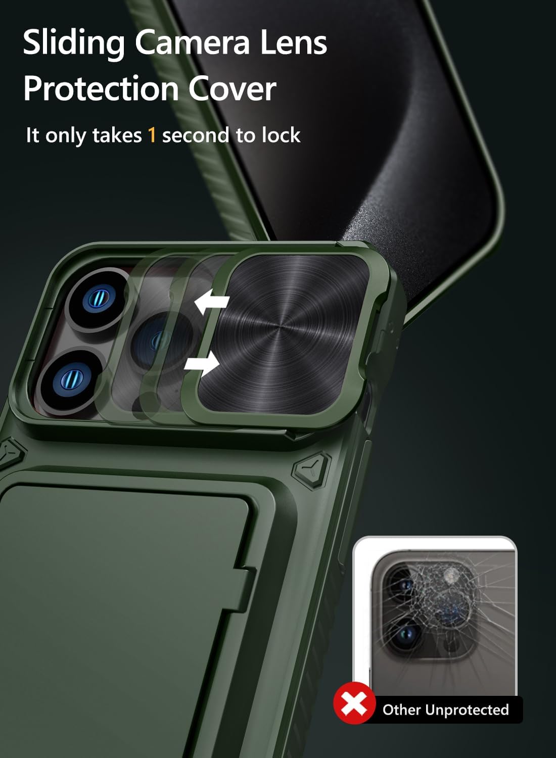 Vihibii for iPhone 15 Pro Max Case with Card Holder (4 Cards) & Slide Camera Cover & Kickstand, Military Grade Drop Protection, Rugged Hard Back & Silicone Edge Wallet Phone Case, 6.7" 2023, Green - Image 3