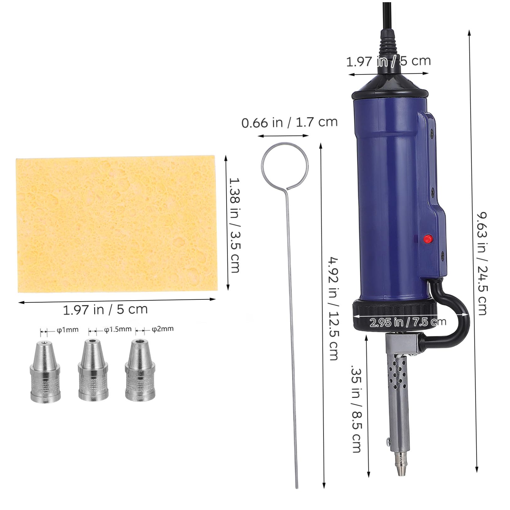 Bomba Desoldadora Eléctrica Portátil para Mantenimiento de Electrodomésticos con Ventosa Azul, Simple y Accesorios con Boquillas Reemplazables de Acero Inoxidable