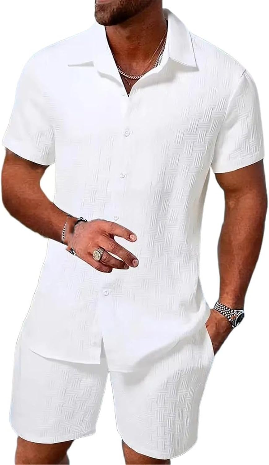 Men's Travel Shorts Set, Drawstring Shorts and Casual Shirt Summer Outfit
