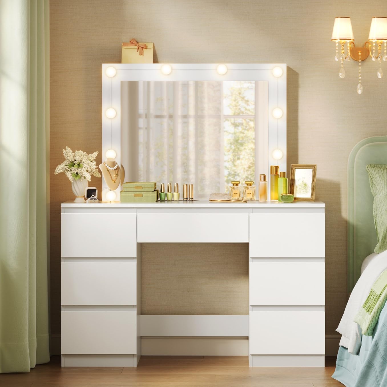 WOLTU Tocador de Maquillaje con Espejo de Luz LED, Iluminación Regulable, Mesa de Tocador con 7 Cajones, Tocador de Dormitorio con Espacio de Almacenamiento, 110x39,5x140,5 cm, Blanco, MB6099ws