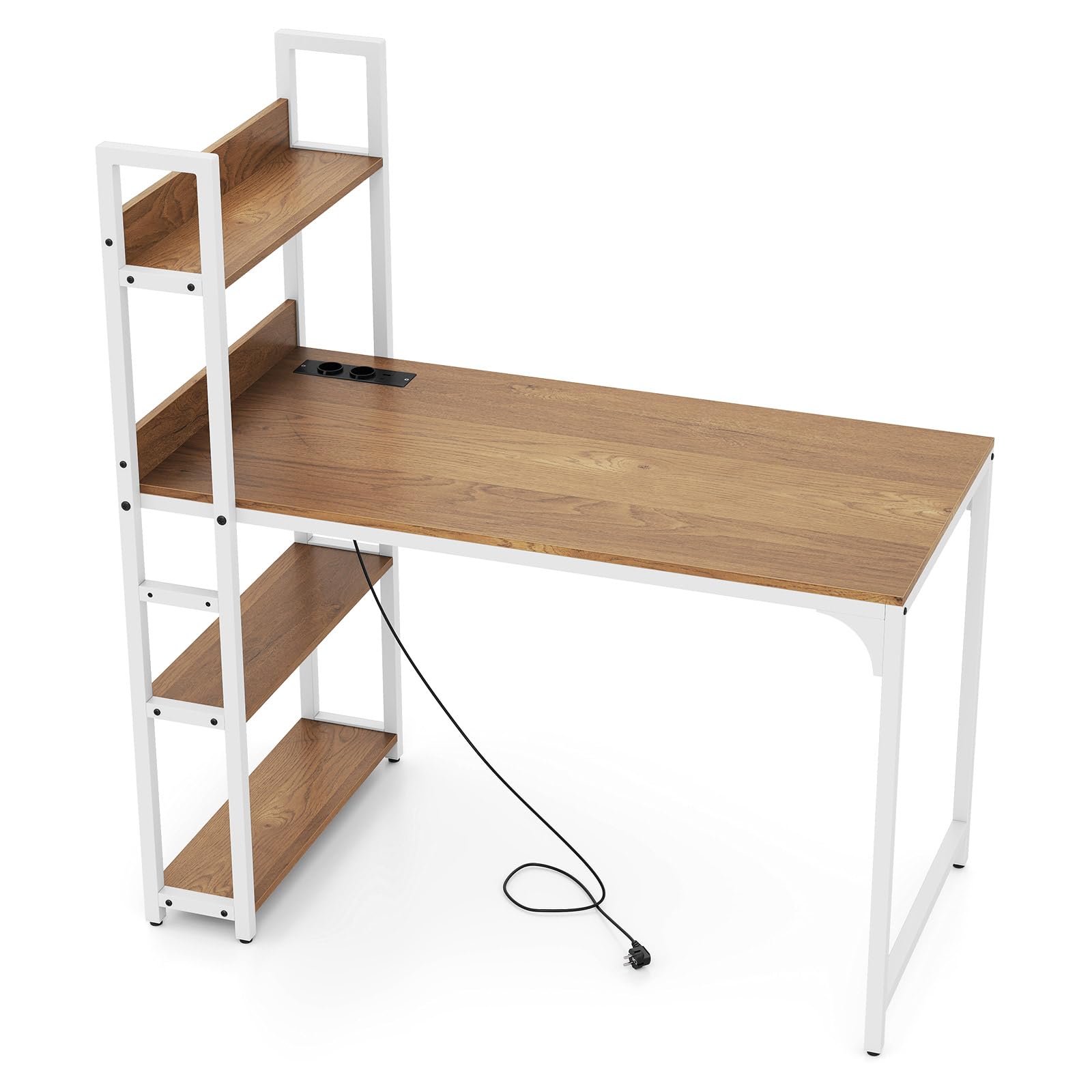 LIFEZEAL Escritorio de Oficina con Estación de Carga USB Tipo-C y 2 Enchufes - Mesa de Trabajo de Madera con 3 Estantes y Estructura Metálica - 120x65x130 cm (Marrón)