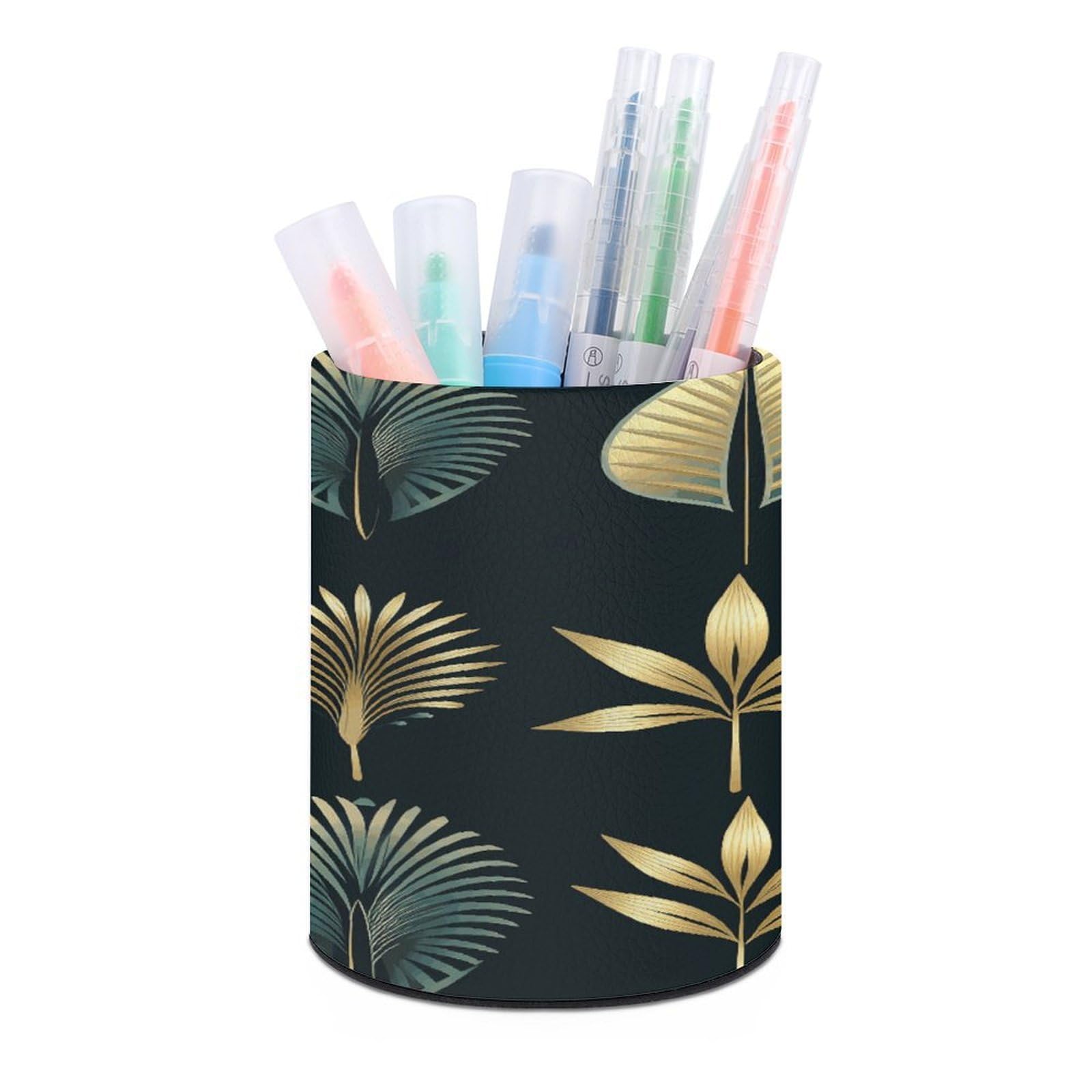 MUSM Golden Palm Leaves Pen Holder Round PU Leather Pencil Cup Waterproof Pencil Holder for Desk Pen Cup Pen Organizer Pencil Organizer Makeup Brush Holders for Home Office Decor