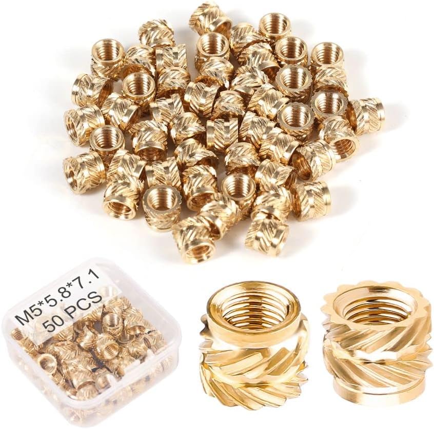 50pcs 3D Printing Brass Nuts, M5x5.8x7.1mm M5 Threaded Insert Knurled Brass Nuts Female Thread Knurled Heat Embedment Nut for 3D Printing Parts Loptop Automotive Plastic Shell
